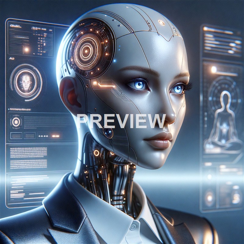 A highly detailed and futuristic humanoid robot with glowing blue eyes, sleek metallic skin, and digital interfaces in the background.
